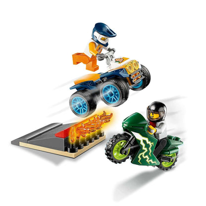 LEGO City Nitro Wheels Stunt Team Set 60255 with ATV, motorcycle, ramp and two minifigures, perfect for kids.