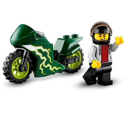 LEGO City Stunt Team set featuring a minifigure with a motorcycle and vibrant green design, perfect for imaginative play.