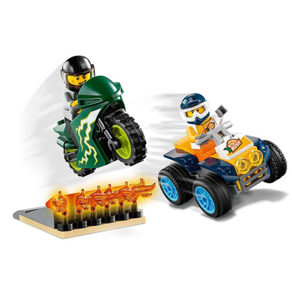 LEGO® City Stunt Team Set 60255 with motorcycle and ATV, featuring minifigures and flame stunt ramp.