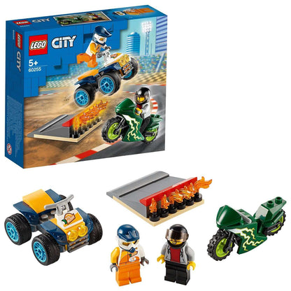 LEGO City Nitro Wheels Stunt Team Set 60255 with ATV, motorcycle, ramp, and 2 minifigures for kids.