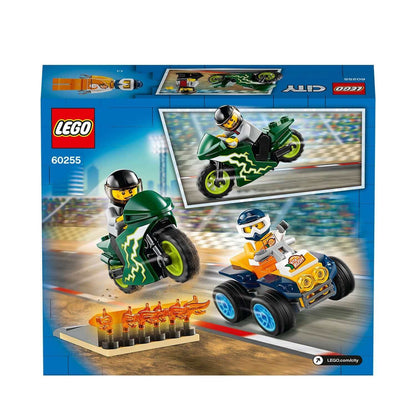 LEGO City Nitro Wheels Stunt Team Set 60255 with ATV, motorcycle, stunt ramp, and minifigures for kids.