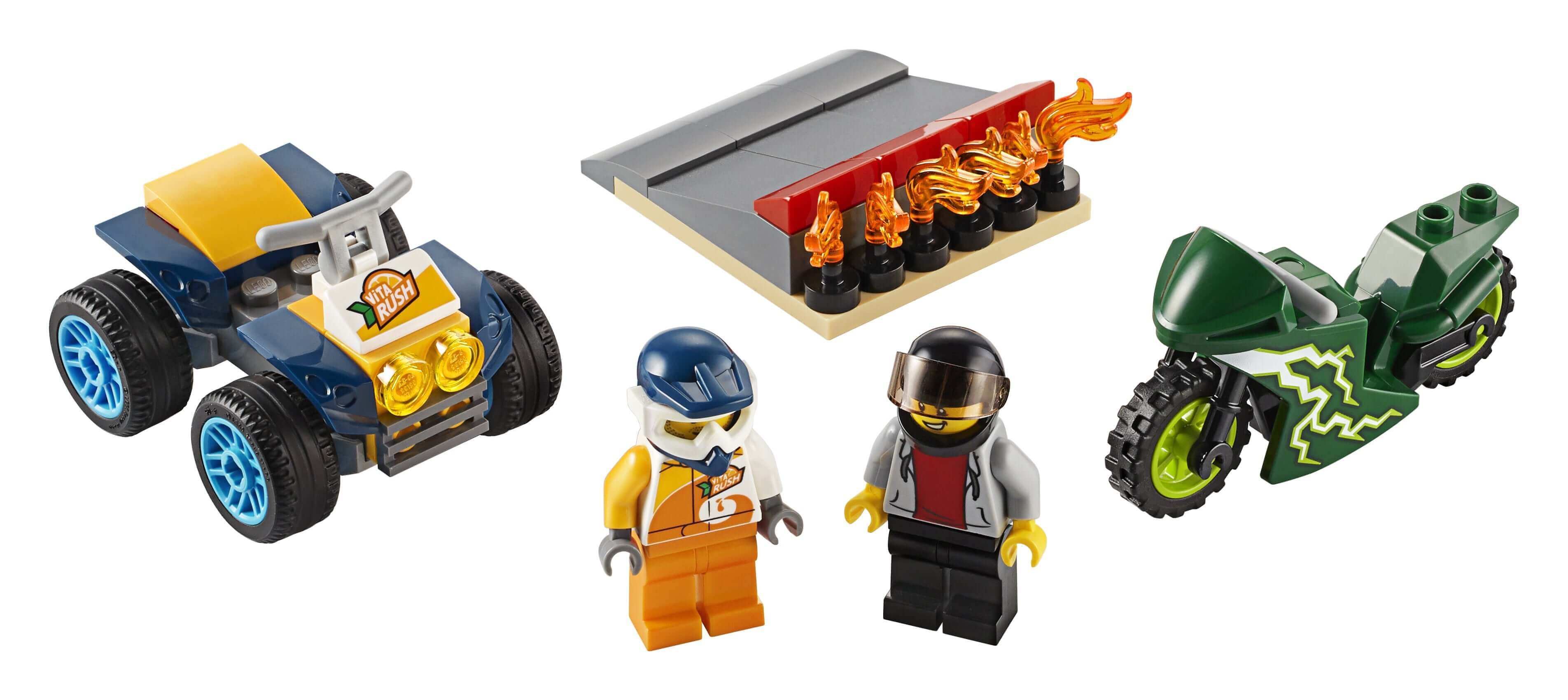 LEGO® City Nitro Wheels Stunt Team Set 60255 with ATV, motorcycle, ramp, and two minifigures for exciting play.