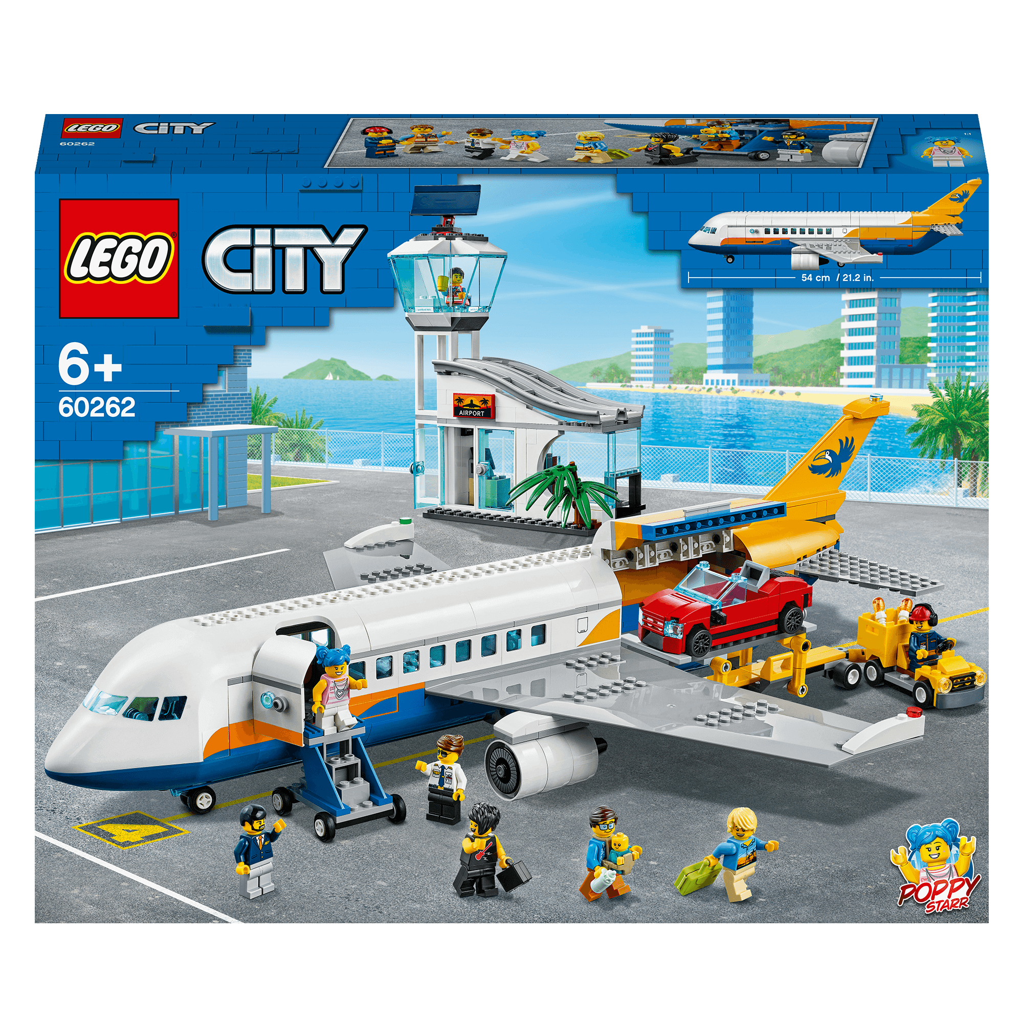 LEGO City Airport Passenger Airplane Toy 60262 with airplane, car, and minifigures for kids' imaginative play.