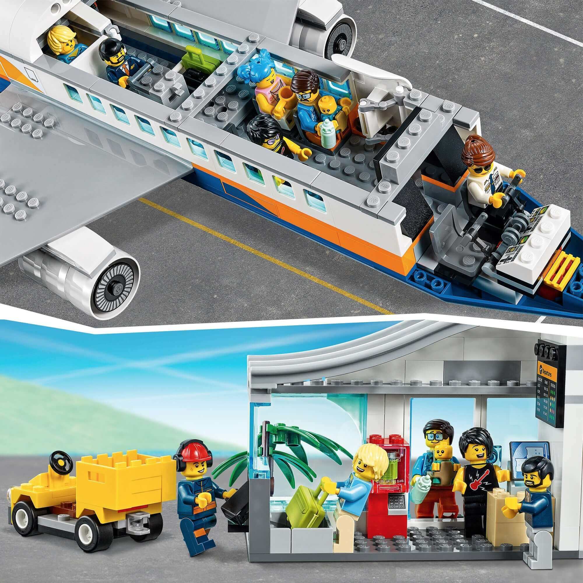 LEGO City Airport Passenger Airplane 60262 with vacationers, pilot, and a red car in vibrant airport scene.