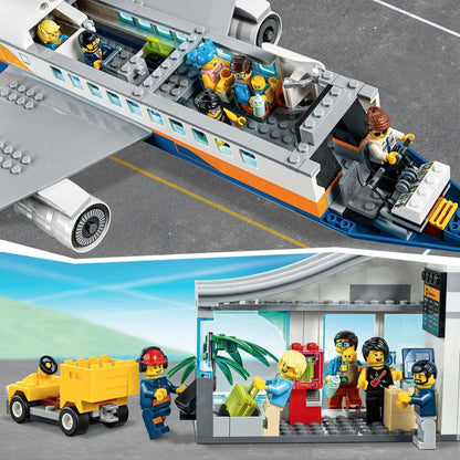 LEGO City Airport Passenger Airplane 60262 with vacationers, pilot, and a red car in vibrant airport scene.