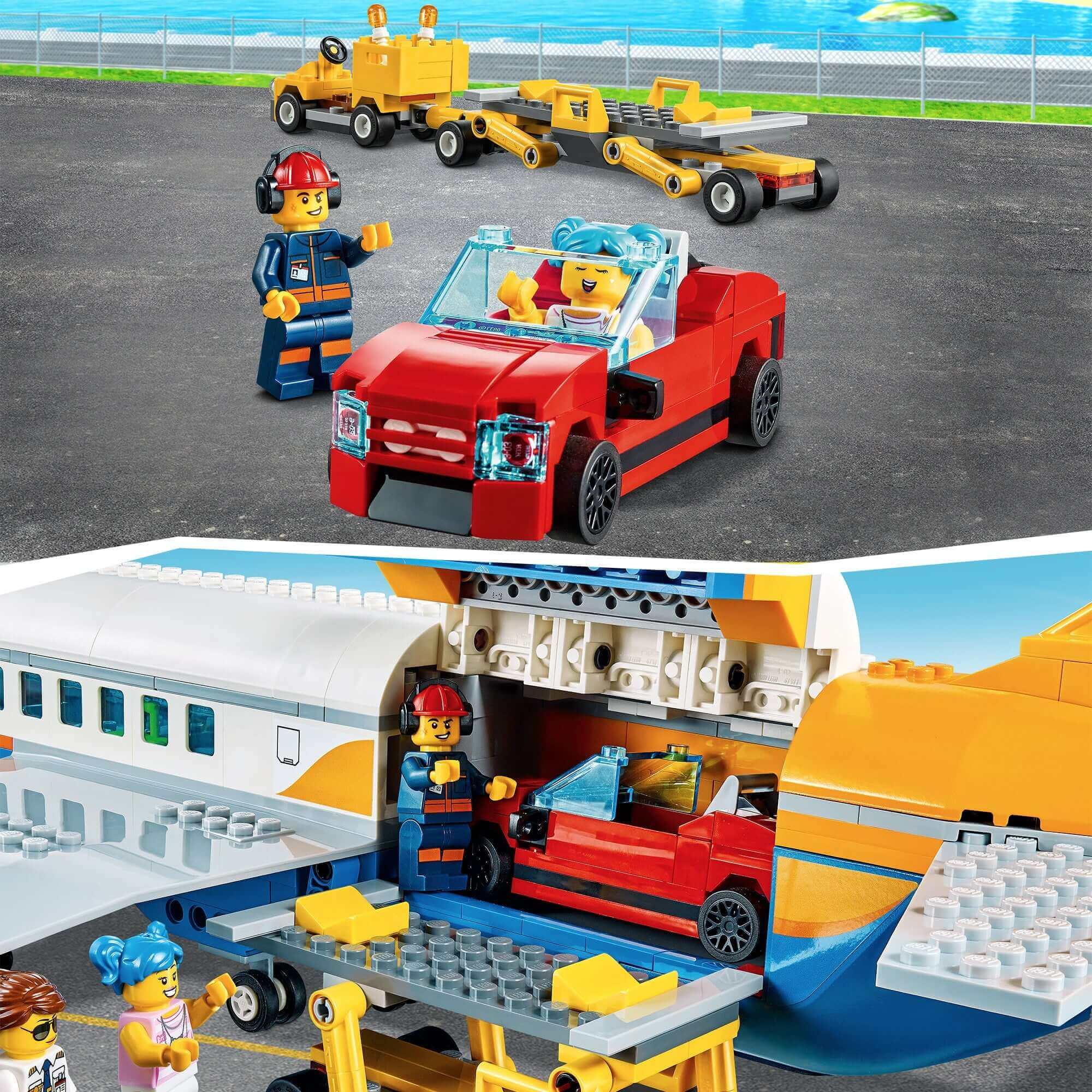 LEGO® City Airport Passenger Airplane set with red car, airport staff and play area, inspiring imaginative play.