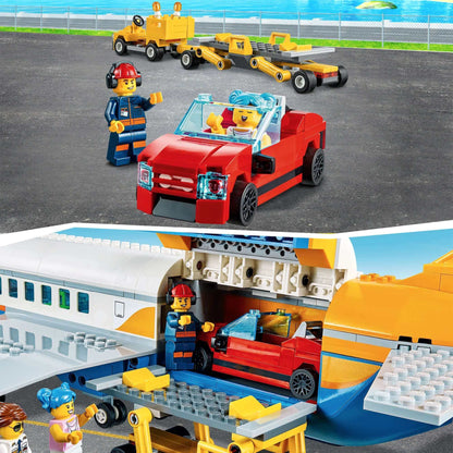 LEGO® City Airport Passenger Airplane set with red car, airport staff and play area, inspiring imaginative play.