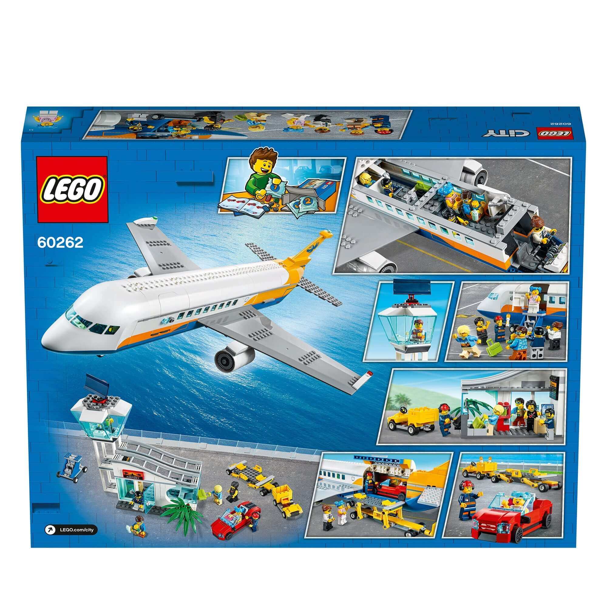 LEGO City Airport Passenger Airplane Toy 60262 with vacationers, red car, and airport scenes for imaginative play.