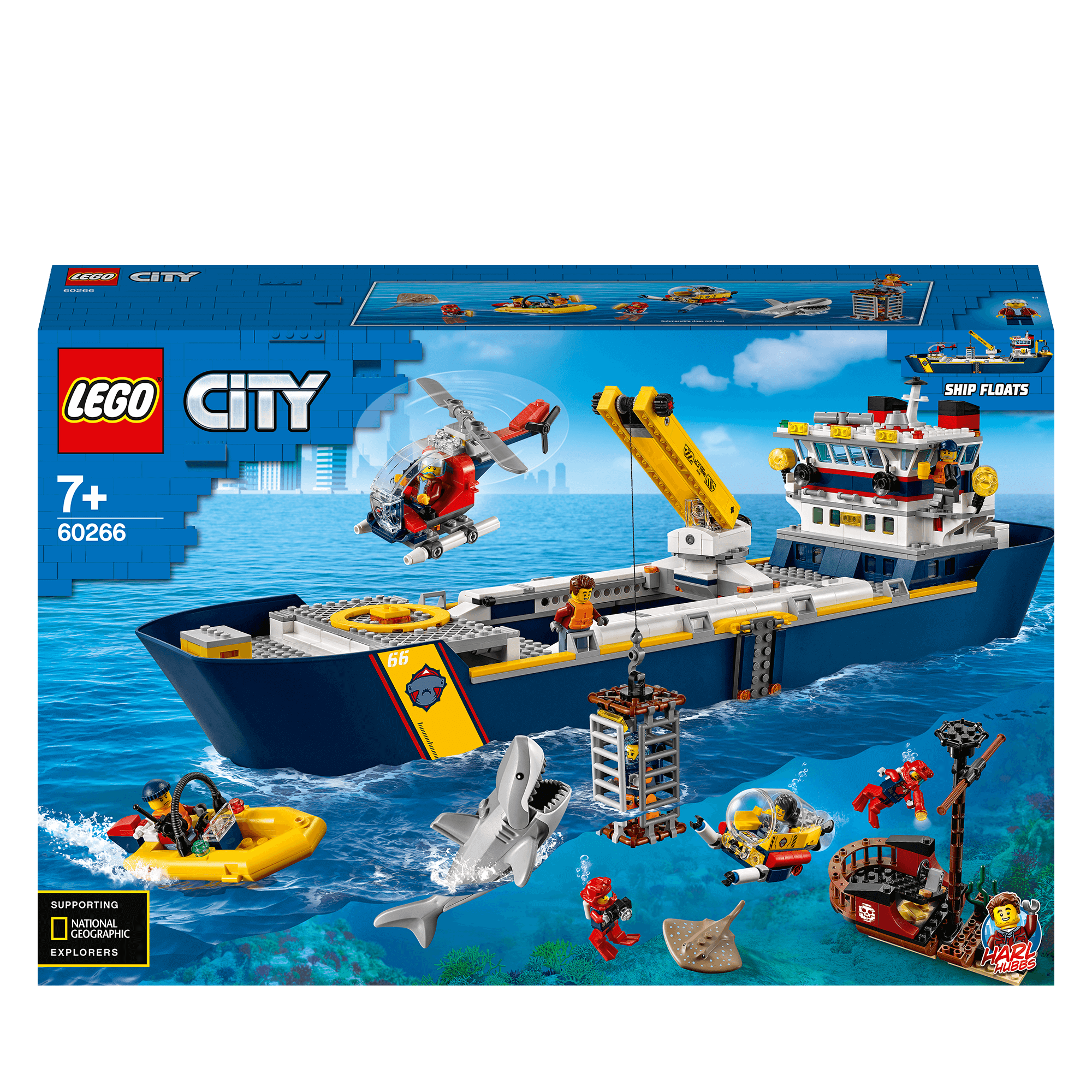 LEGO City Ocean Exploration Ship 60266 playset with boat, helicopter, and ocean explorers, supporting National Geographic.