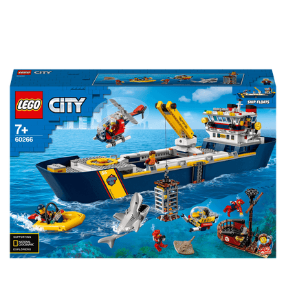 LEGO City Ocean Exploration Ship 60266 playset with boat, helicopter, and ocean explorers, supporting National Geographic.