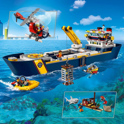 LEGO City Ocean Exploration Ship Toy Boat 60266 with helicopter and divers exploring underwater life.