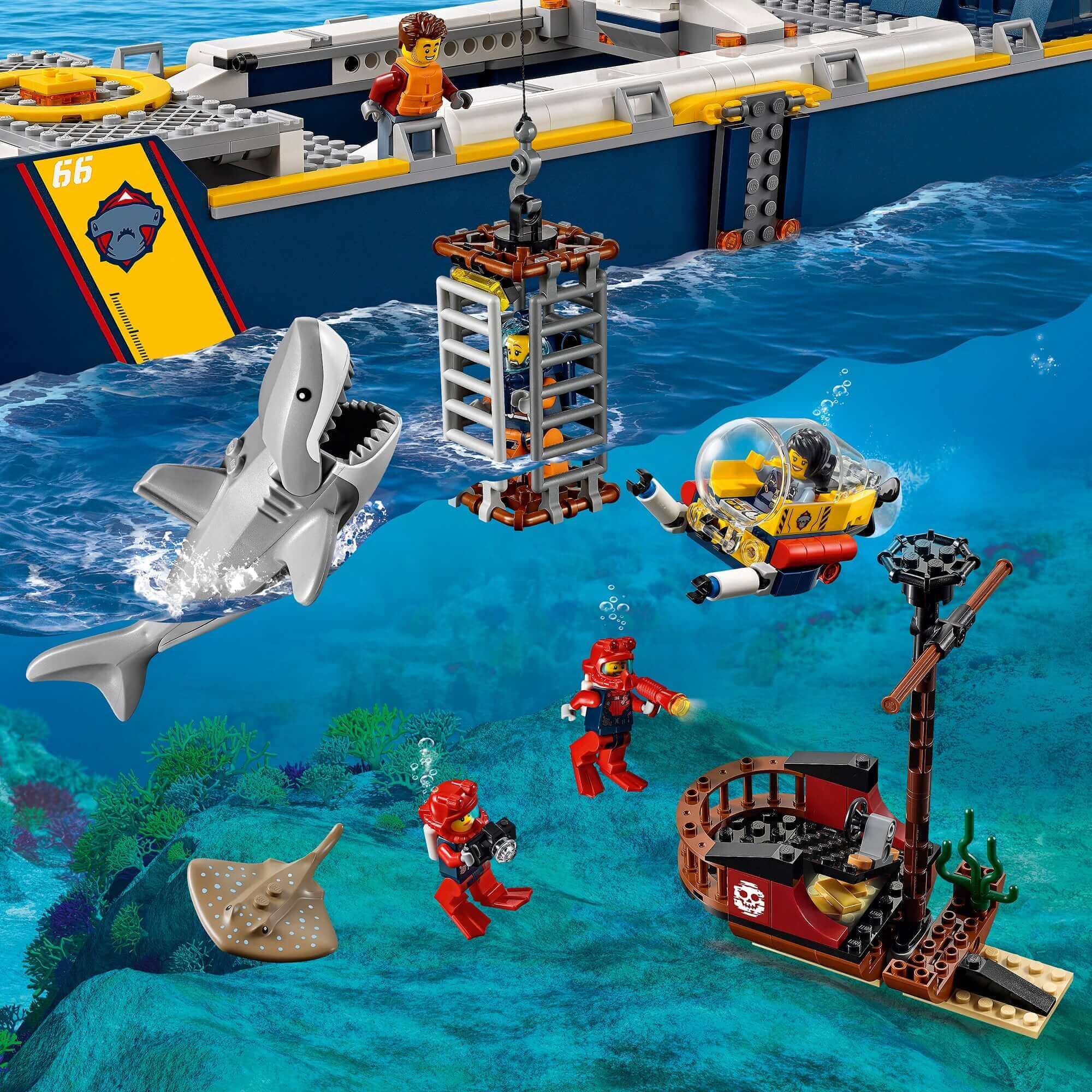 LEGO® City Ocean Exploration Ship playset with divers, shark, stingray, and underwater adventure scene.