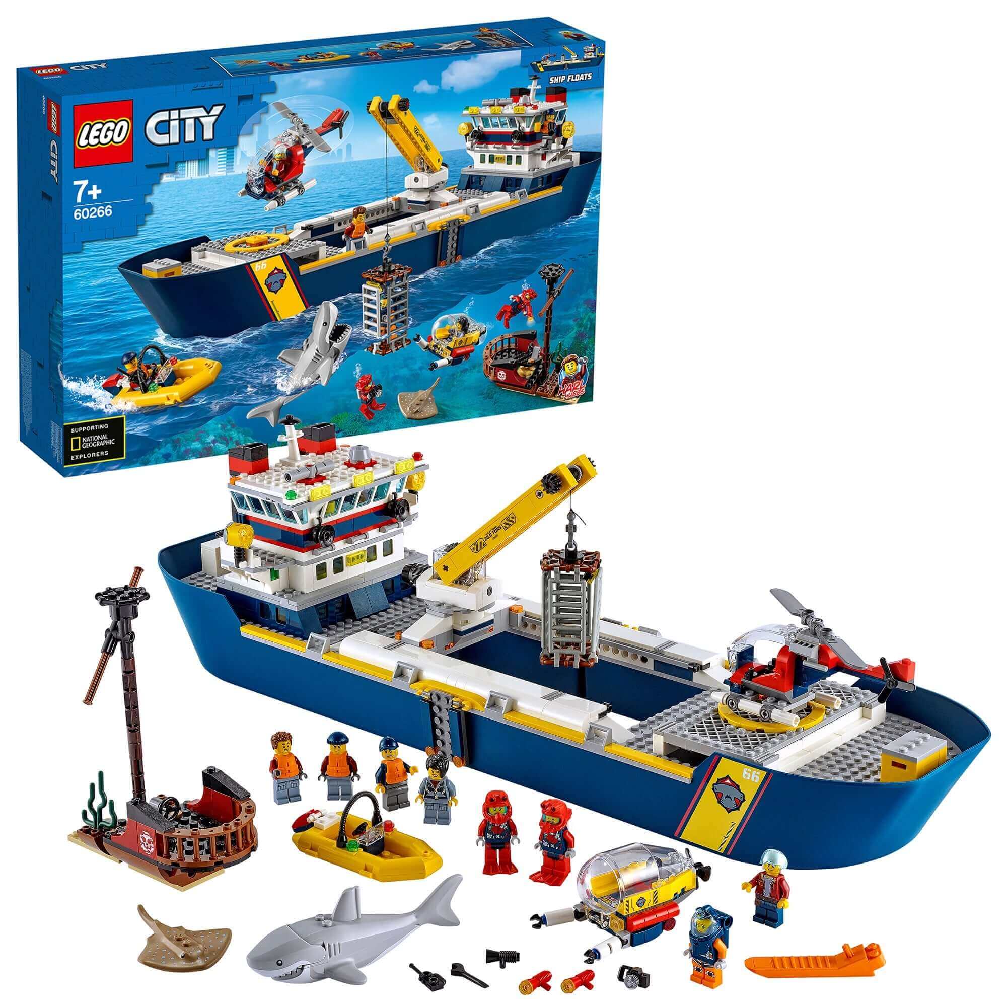 LEGO® City Ocean Exploration Ship Toy Boat 60266 with divers, a boat, shark, helicopter, and National Geographic theme.