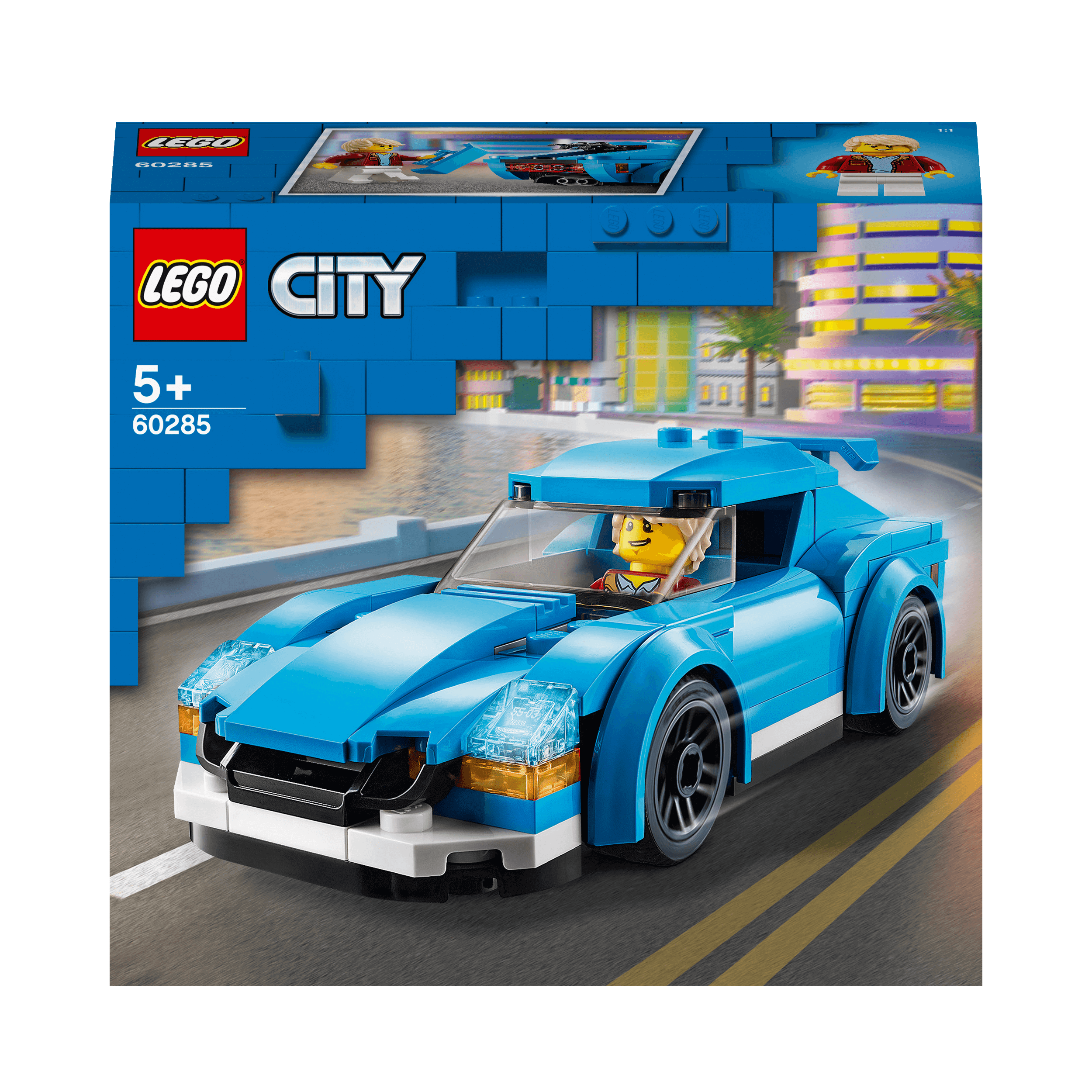 LEGO® City Sports Car 60285 toy featuring a blue car, removable roof, and minifigure driver, perfect for kids.