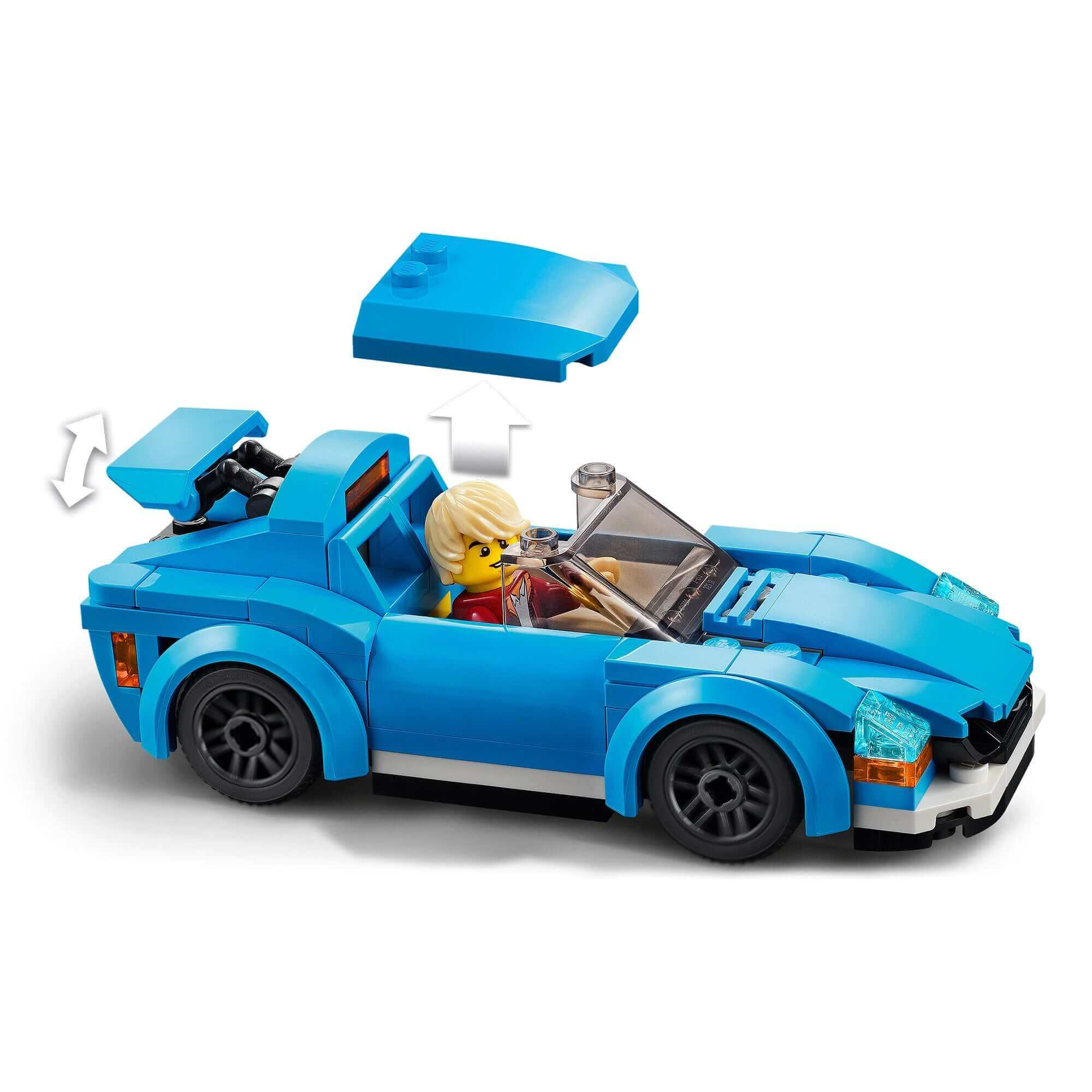 LEGO City Sports Car Toy 60285 with removable roof, sporty rims, and a minifigure driver, perfect for kids who love cool cars.