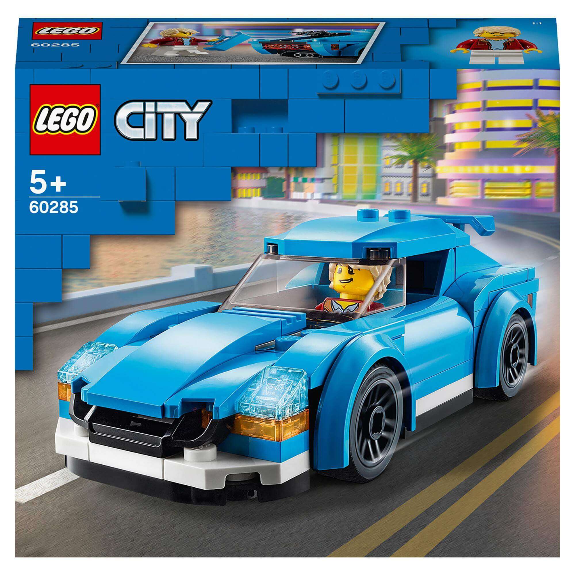 LEGO® City Sports Car toy 60285 with blue design, removable roof, adjustable spoiler, and minifigure driver.