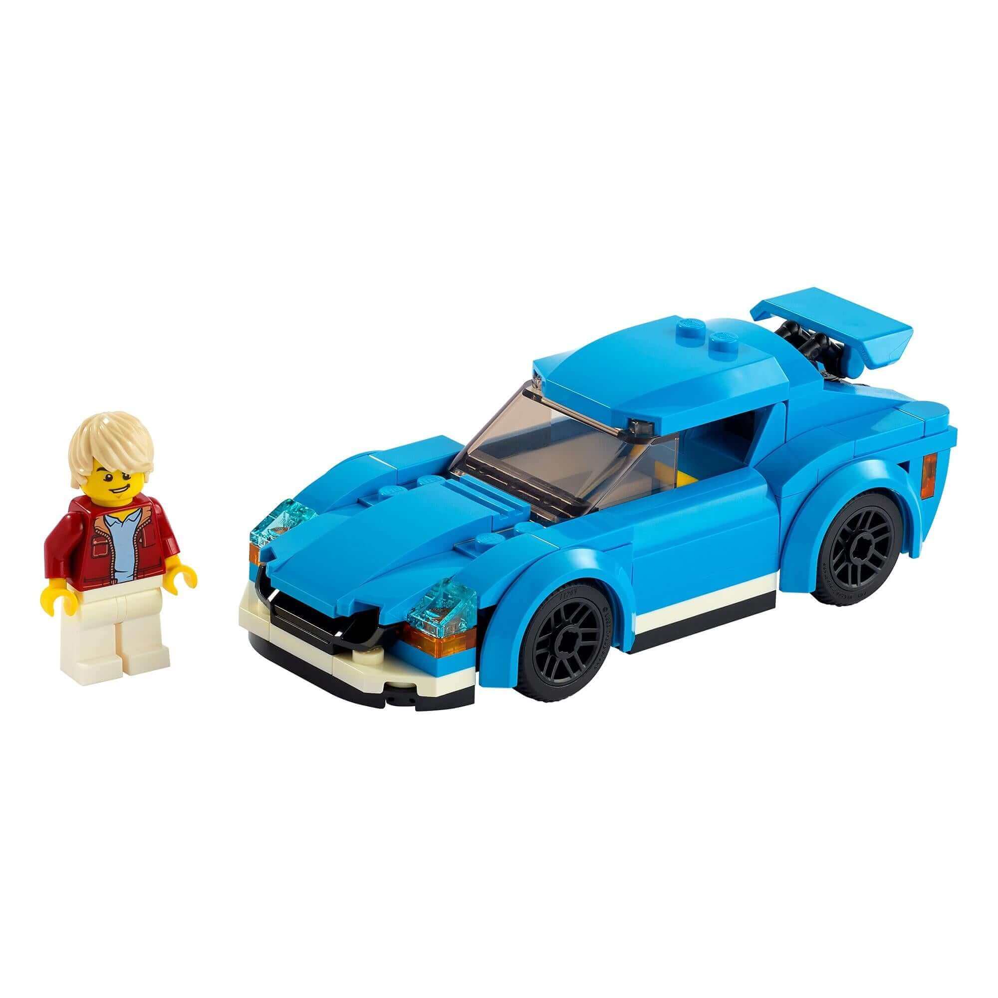 LEGO® City Sports Car 60285 in blue with removable roof and a minifigure driver, perfect for kids who love cool cars.