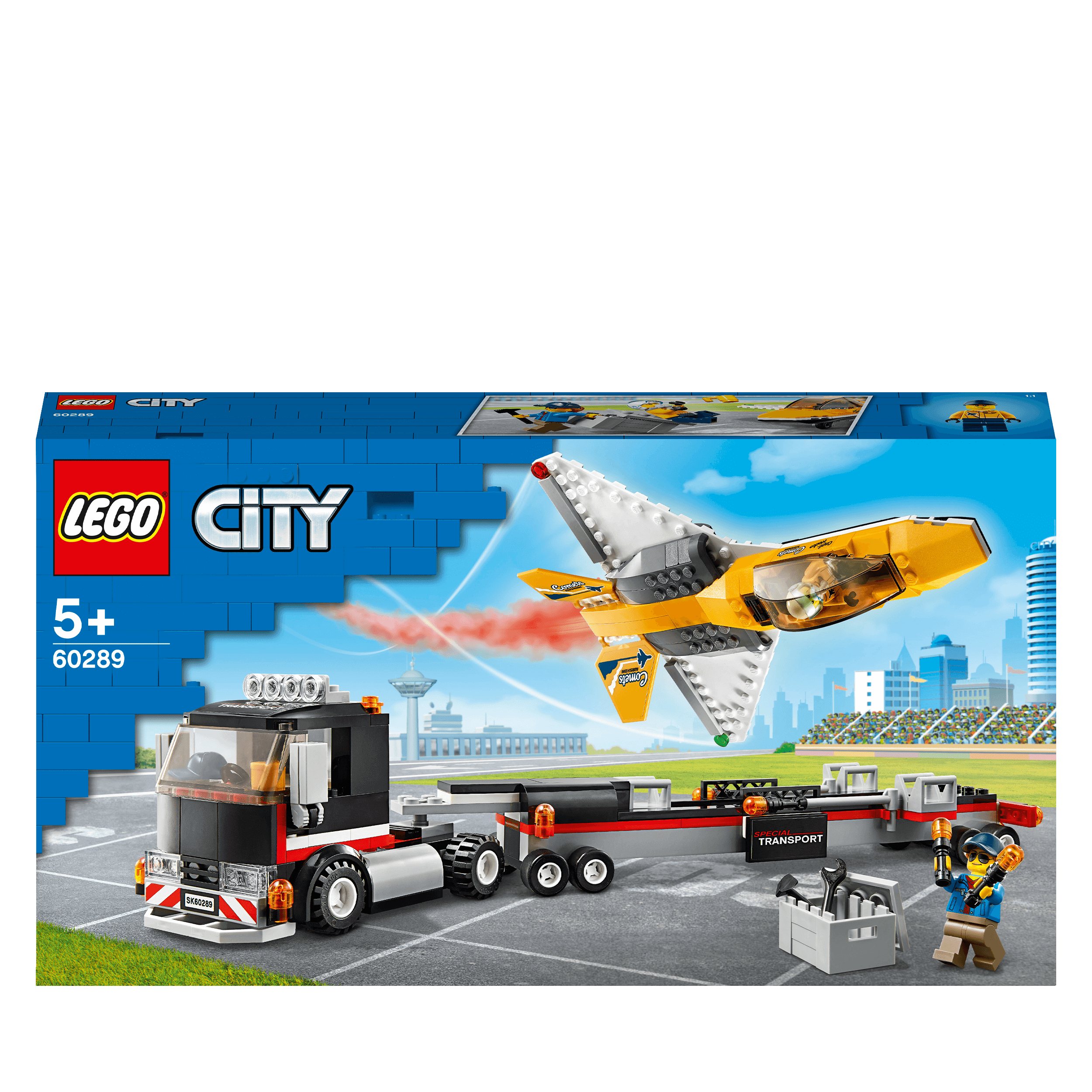 LEGO City Airshow Jet Transporter Toy 60289 featuring a jet, transporter, and minifigures in a colorful playset.