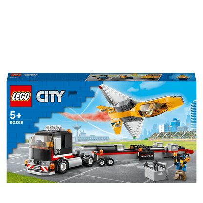 LEGO City Airshow Jet Transporter Toy 60289 featuring a jet, transporter, and minifigures in a colorful playset.