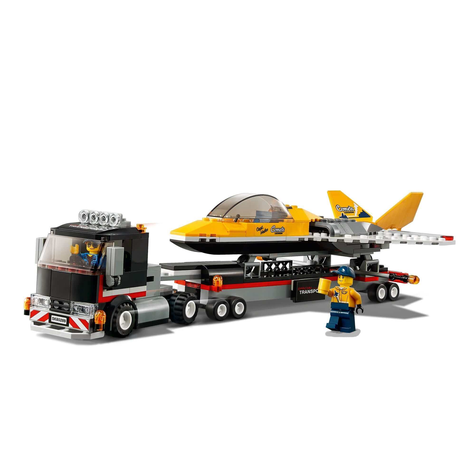 LEGO City Airshow Jet Transporter 60289 with jet, transporter truck, and two minifigures for creative play.