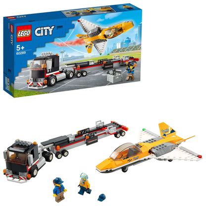 LEGO City Airshow Jet Transporter Toy 60289 with jet, transporter, and minifigures for creative play.