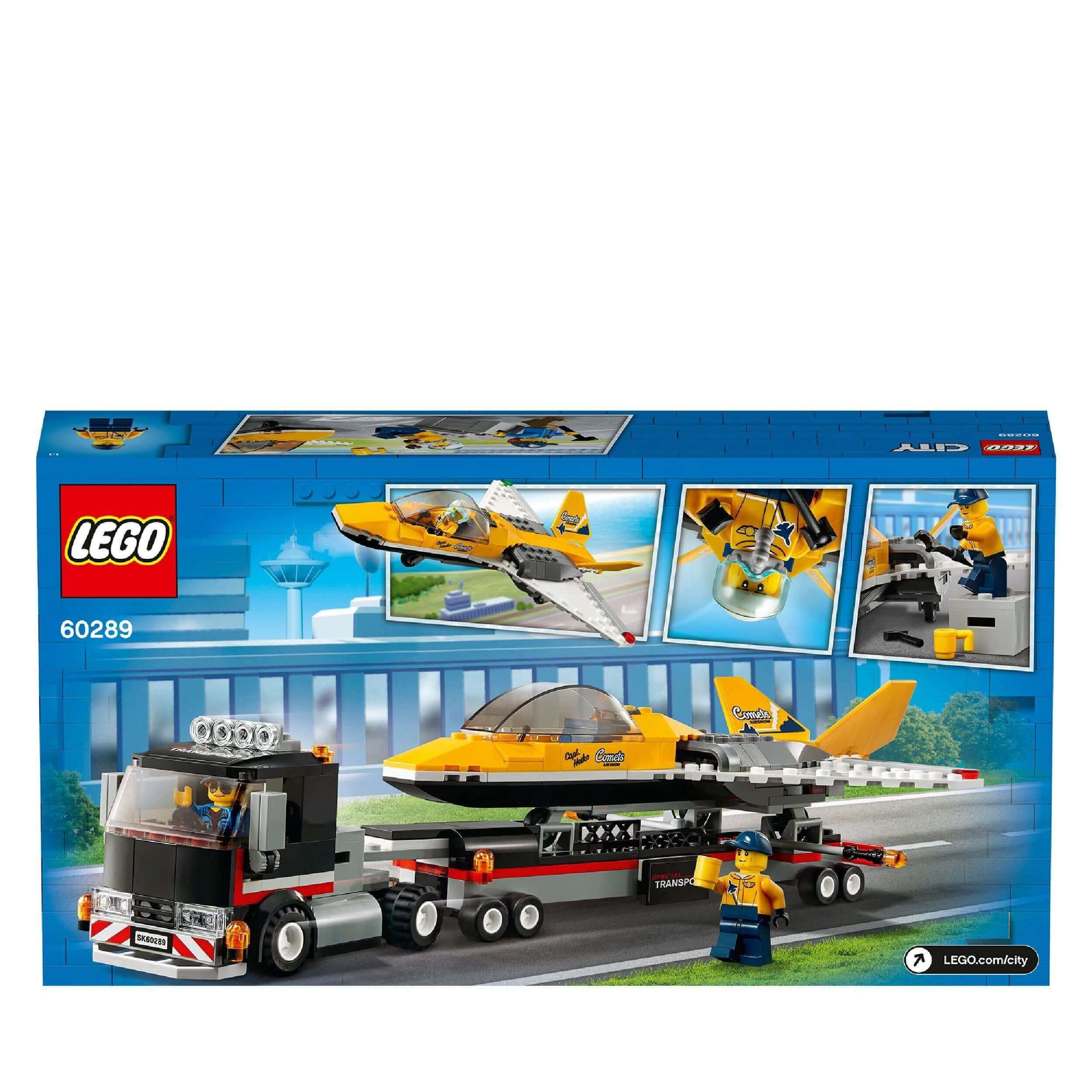 LEGO City Airshow Jet Transporter Toy 60289 packaging with jet, transporter, and mini-figures, promoting creative play.