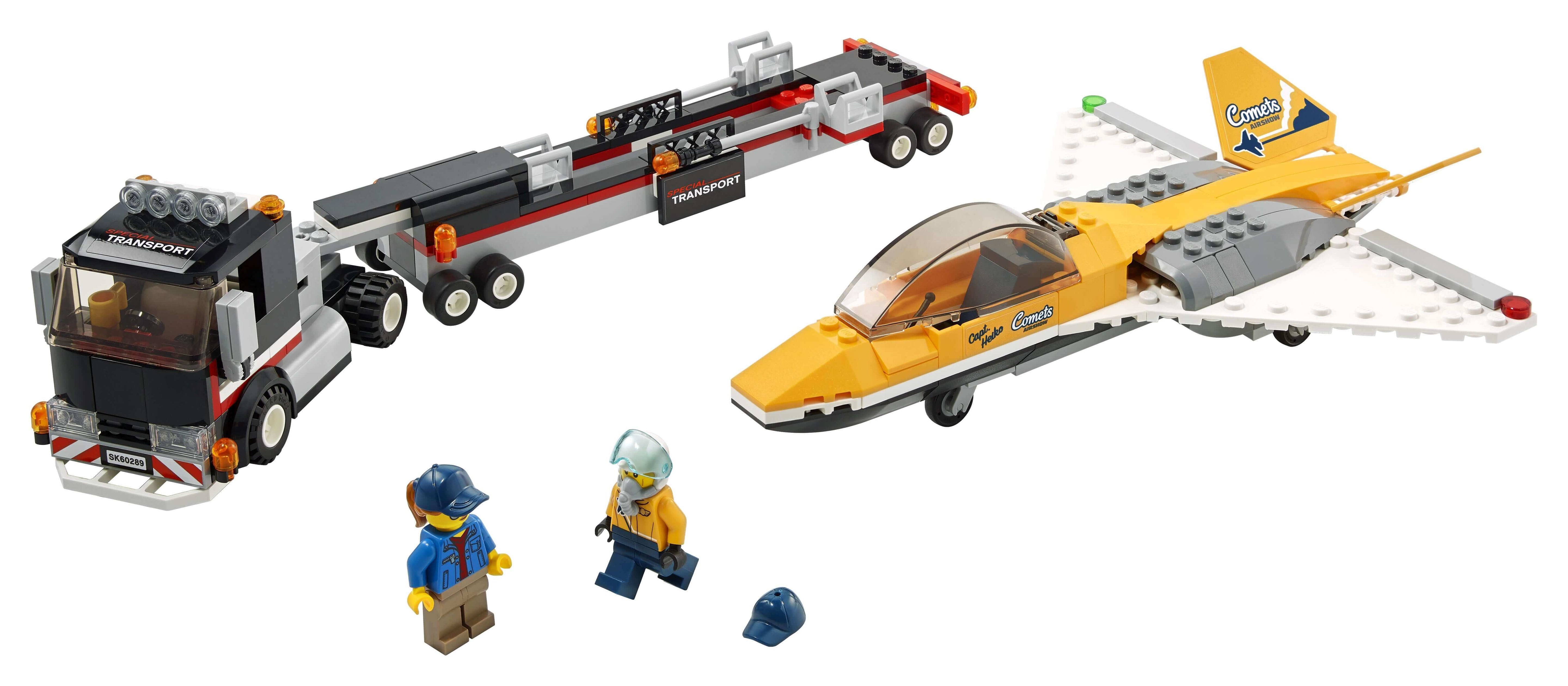 LEGO City Airshow Jet Transporter set 60289 with transporter, jet, and 2 minifigures featuring cool accessories.