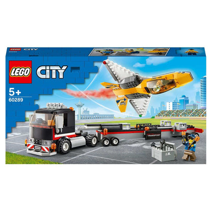 LEGO City Airshow Jet Transporter Toy 60289 set with jet, transporter, and minifigures for creative play.