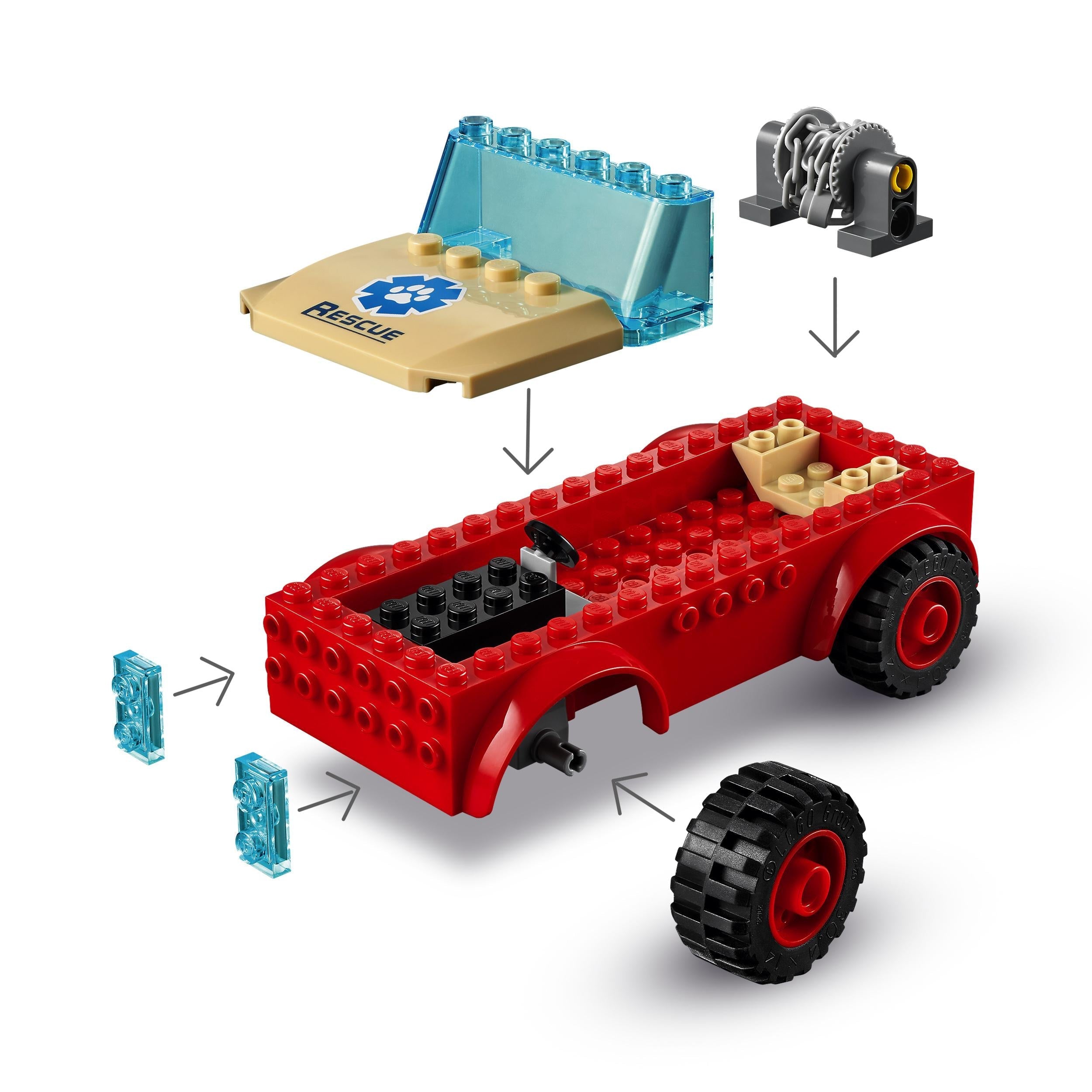 Exploded view of LEGO® City Wildlife Rescue Off Roader Car Toy 60301 with separate components and accessories.