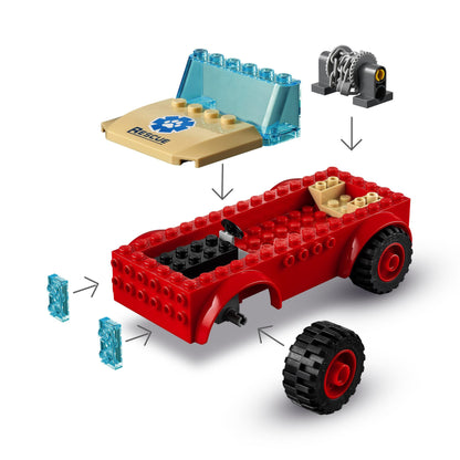 Exploded view of LEGO® City Wildlife Rescue Off Roader Car Toy 60301 with separate components and accessories.