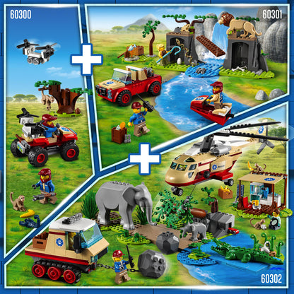 LEGO® City Wildlife Rescue Off Roader Car Toy 60301 with wildlife and rescue scenes, featuring iconic animals and characters.