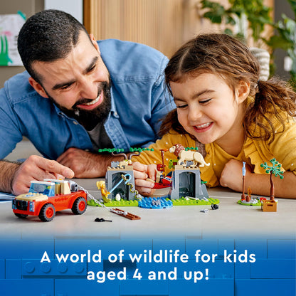 Father and daughter playing with LEGO® City Wildlife Rescue Off Roader toy, exploring wildlife adventures together.