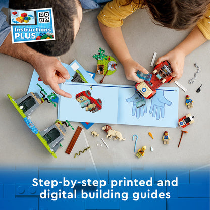 Kids building LEGO® City wildlife rescue off roader with instructions and iconic animal figures displayed.