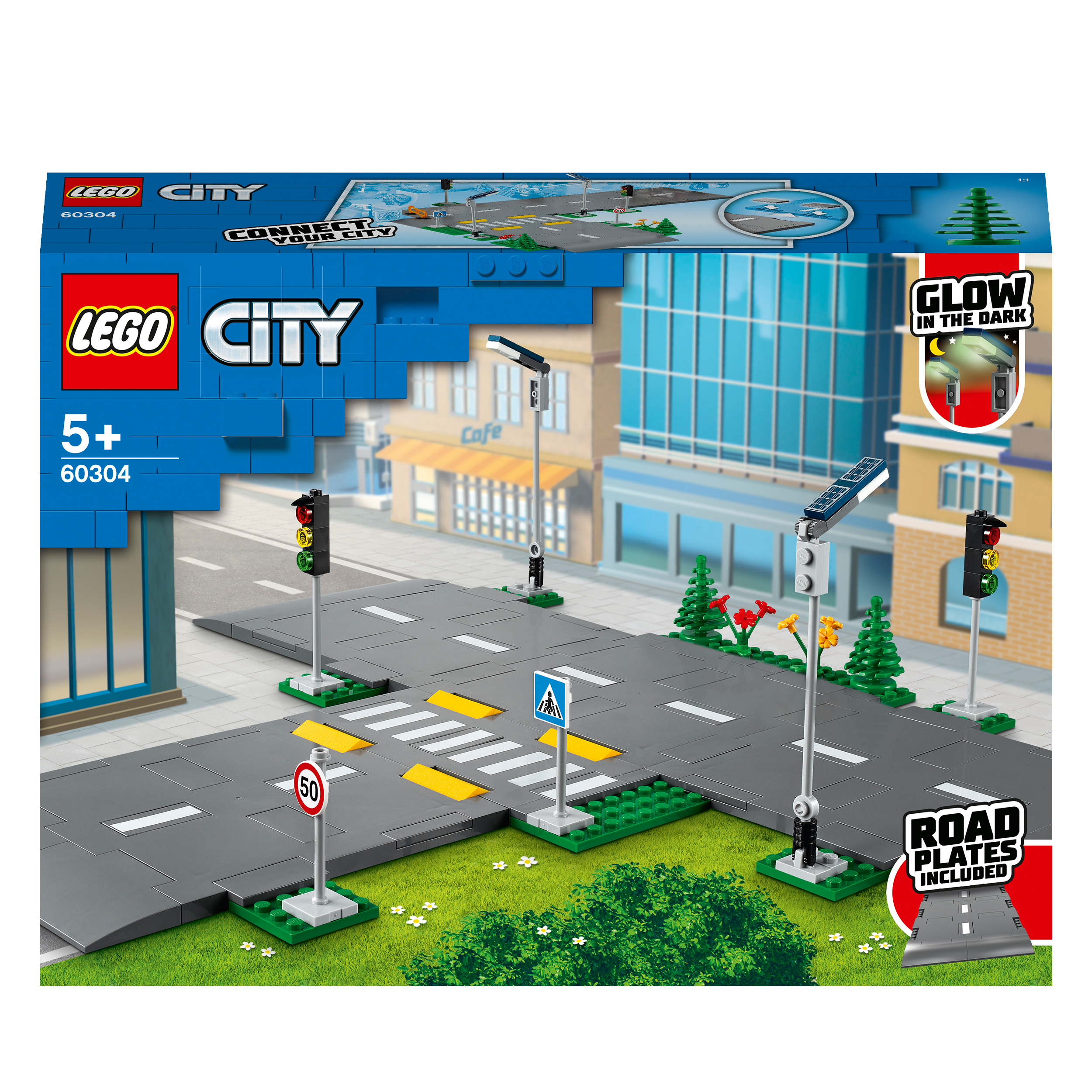LEGO® City Road Plates Building Set 60304 with streetlights, traffic signs, and pedestrian crossing details.