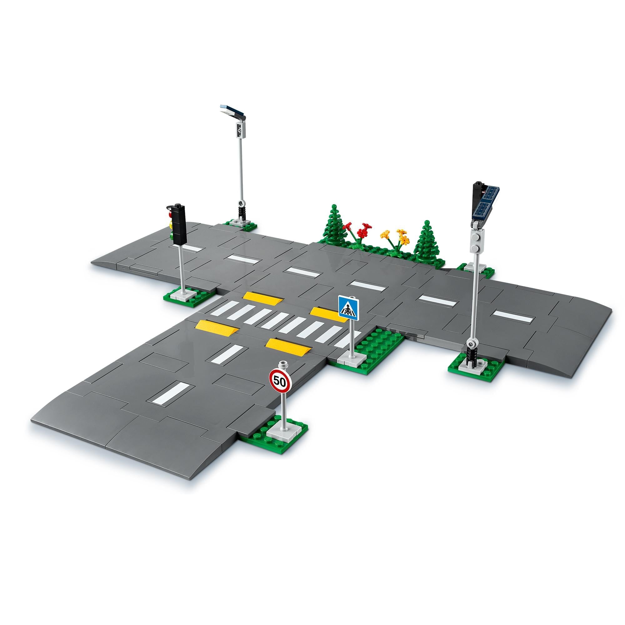 LEGO® City Road Plates Building Set 60304 featuring road, streetlights, traffic signs, and pedestrian crossing.