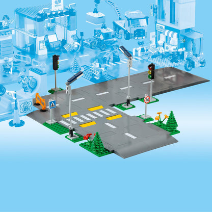 LEGO® City Road Plates Building Set 60304 featuring road signs, traffic lights, and streetlights for city expansion.