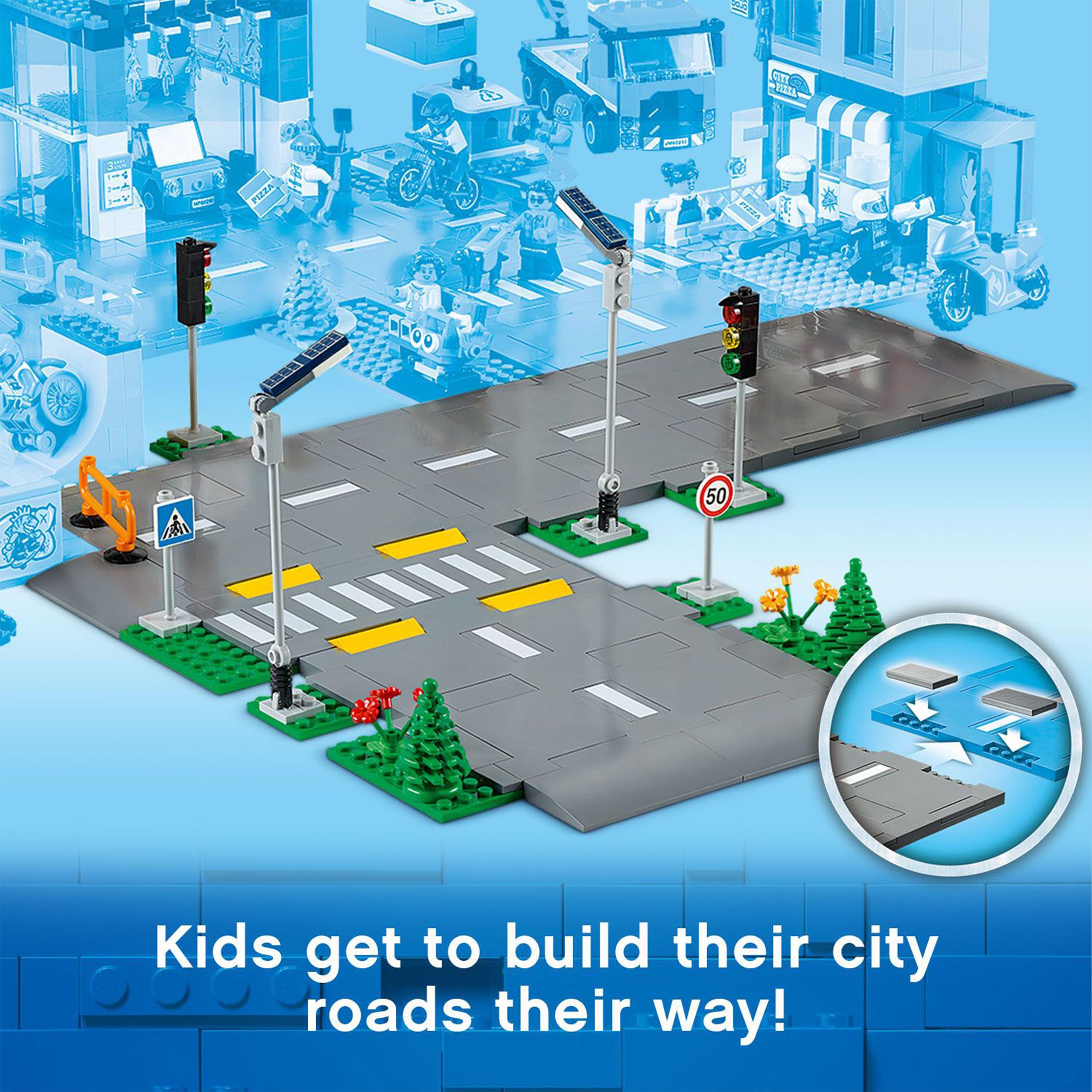 LEGO City Road Plates Building Set 60304 with traffic lights, streetlights, and road signs for creative city building.