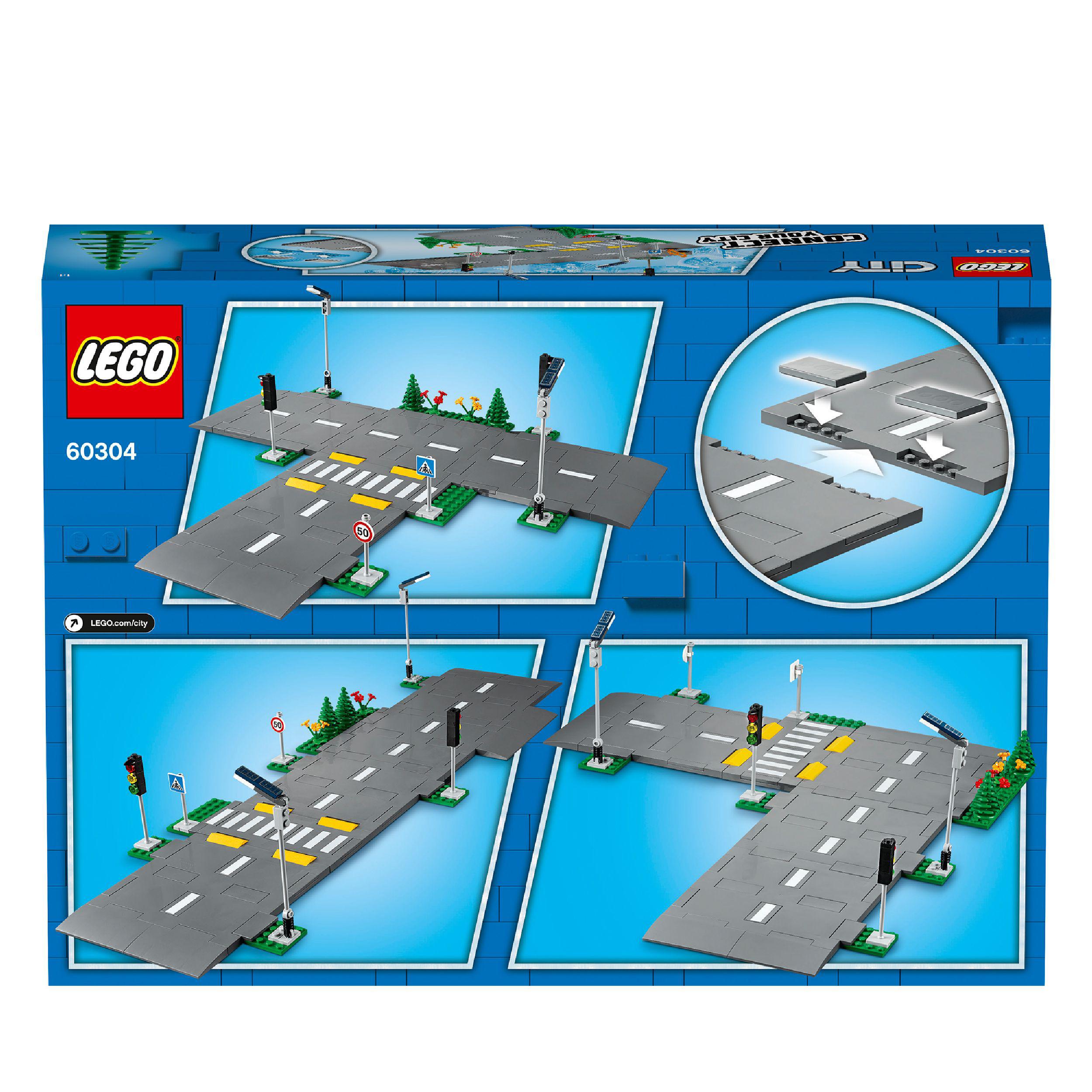LEGO City Road Plates Building Set 60304 featuring streetlights, traffic signs, and pedestrian crossings for city expansion.