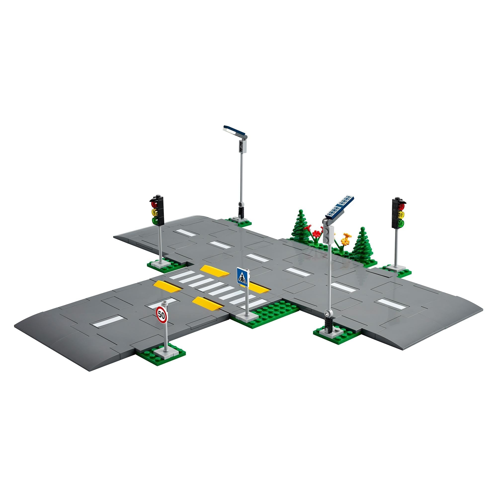 LEGO® City Road Plates Set 60304 featuring road signs, traffic lights, and pedestrian crosswalks for city building.