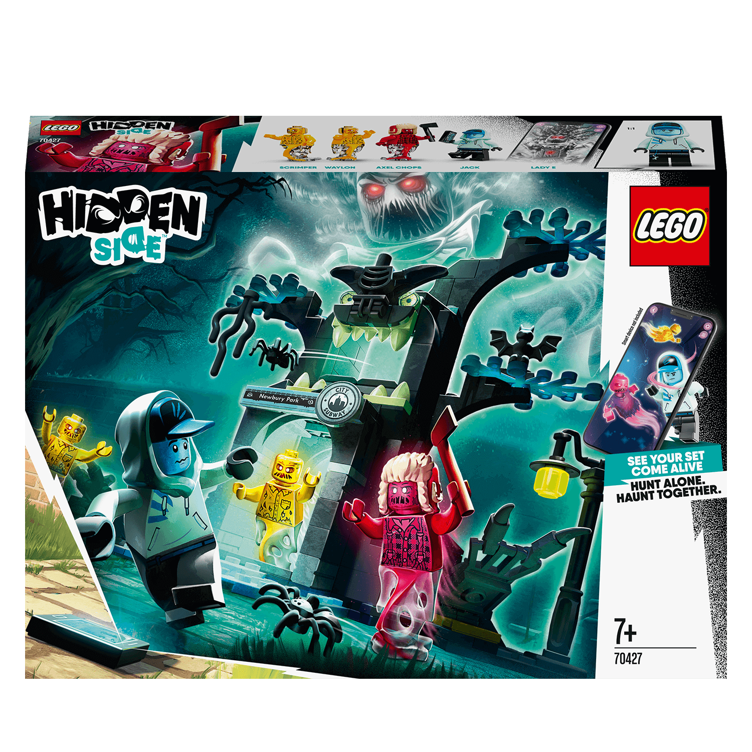 LEGO® Hidden Side Welcome To Set 70427 box displaying AR gameplay with colorful ghost characters and spooky theme.