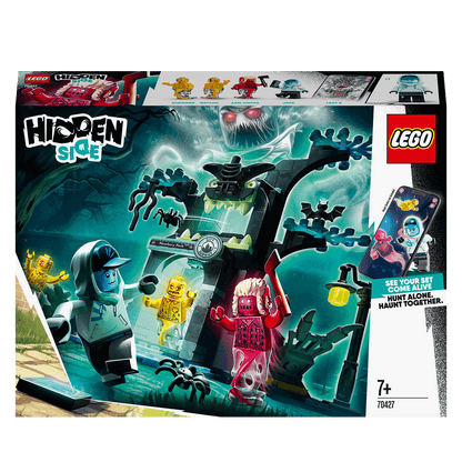LEGO® Hidden Side Welcome To Set 70427 box displaying AR gameplay with colorful ghost characters and spooky theme.