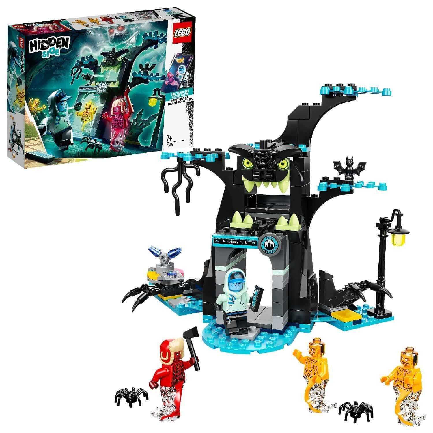 LEGO® Hidden Side Set 70427 featuring AR toy, spooky tree, ghost figures, and interactive play experience.