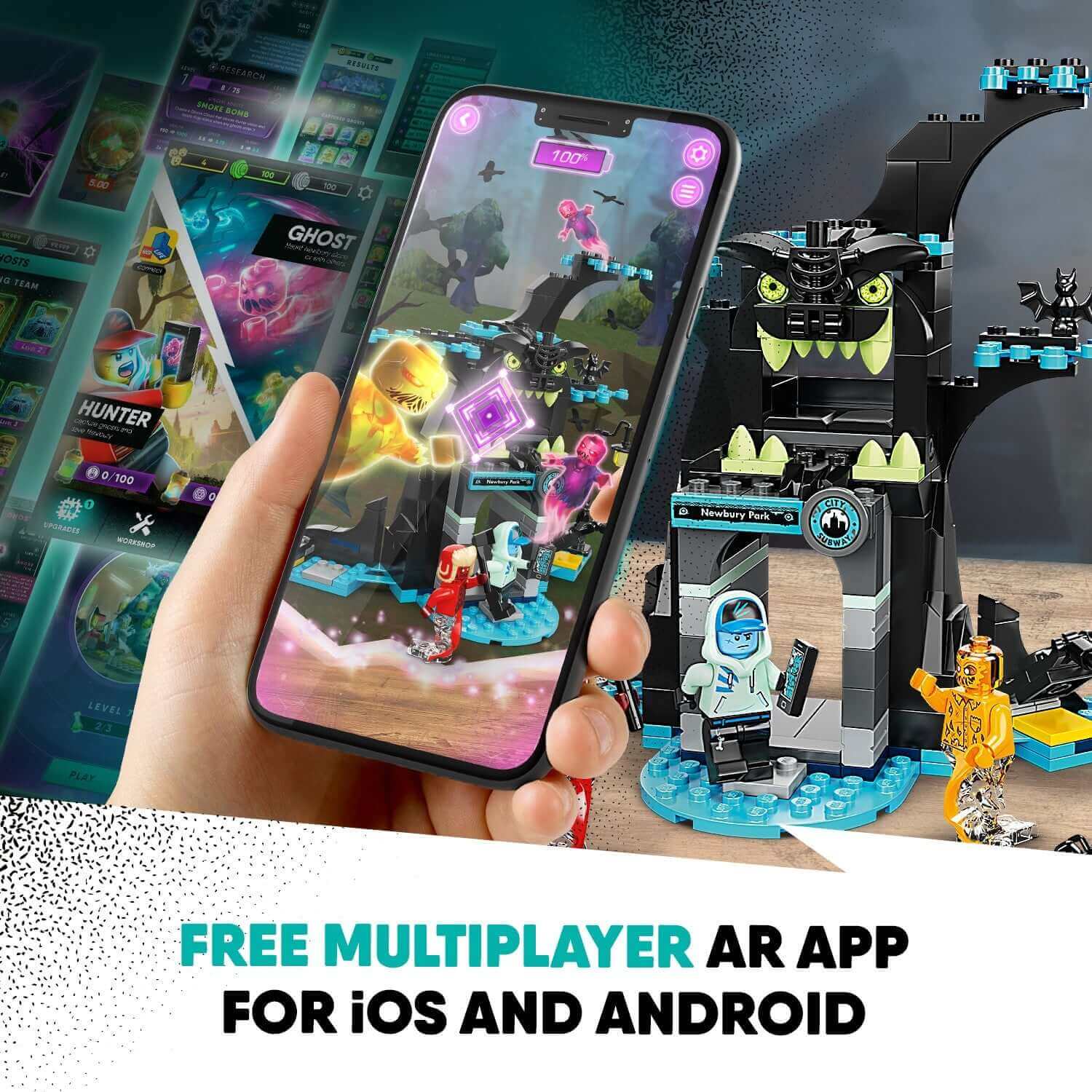 LEGO Hidden Side AR gameplay on smartphone with game and set 70427 featuring ghostly characters.