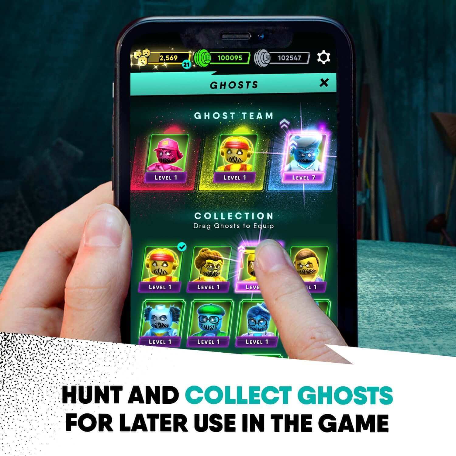 Player interacting with the LEGO® Hidden Side game app, collecting ghost characters for gameplay.