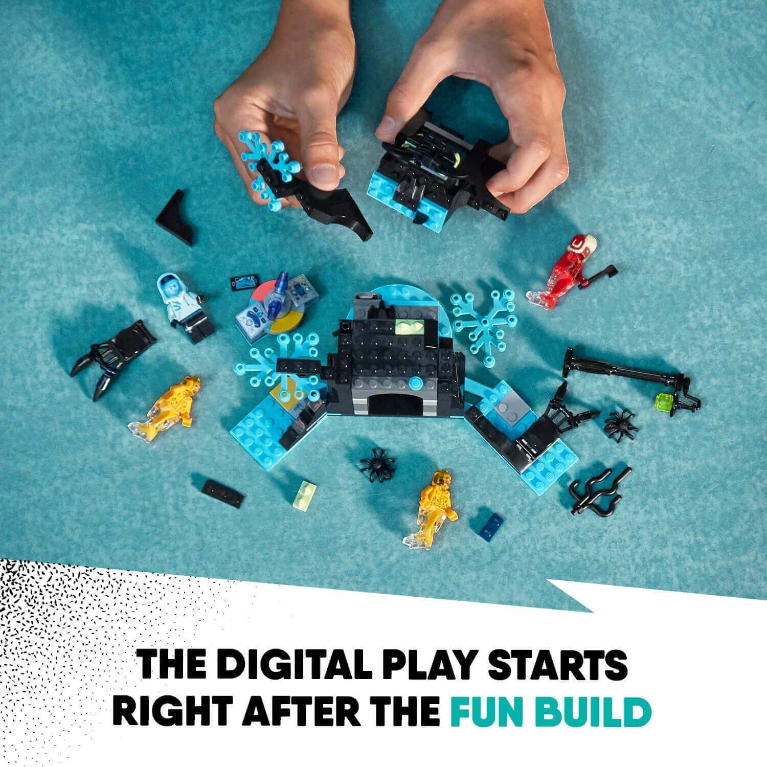 Child's hands assembling LEGO® Hidden Side set with colorful bricks and mini-figures, combining physical and digital play.