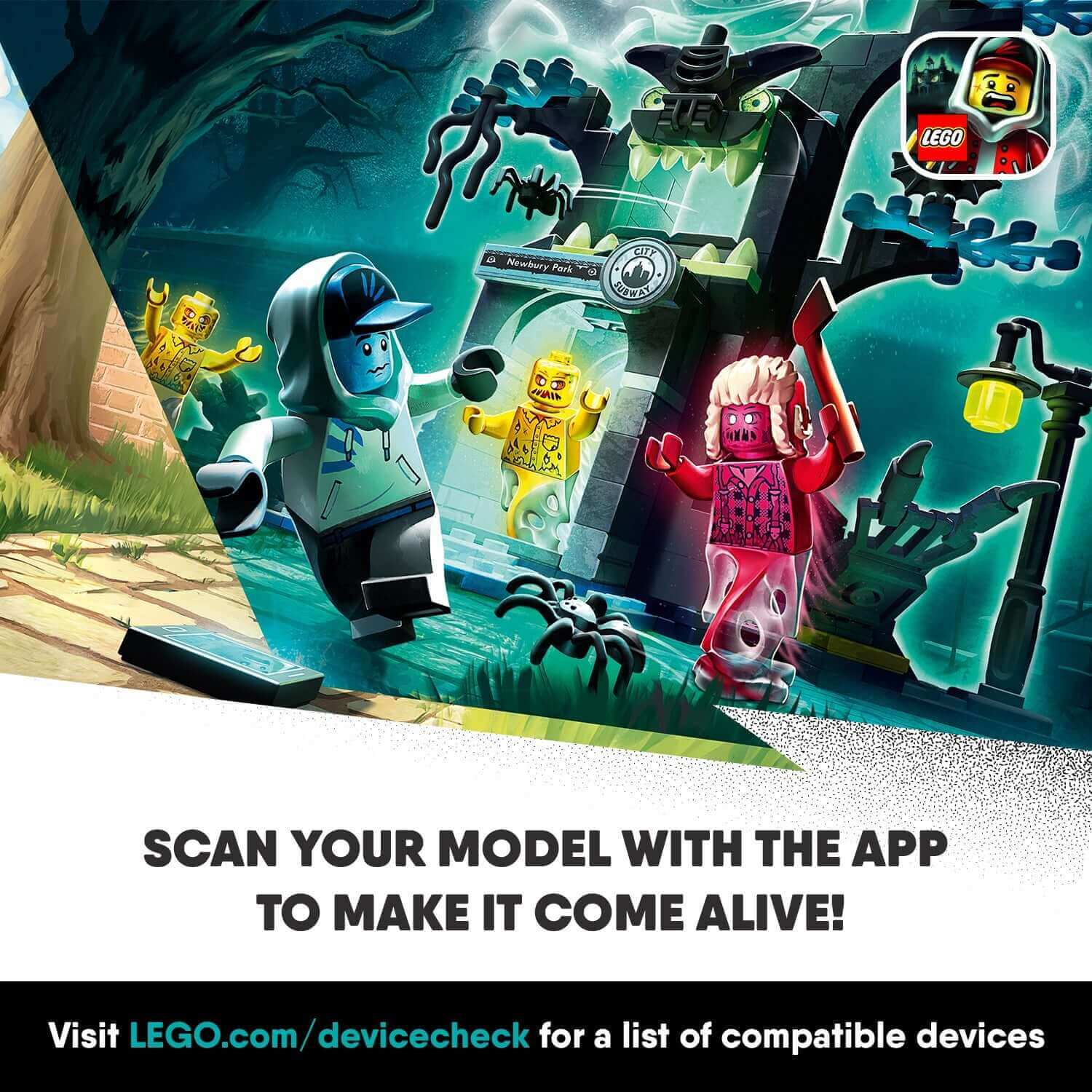 LEGO® Hidden Side Welcome To Set 70427 showing kids using AR app to interact with ghostly models and monsters.