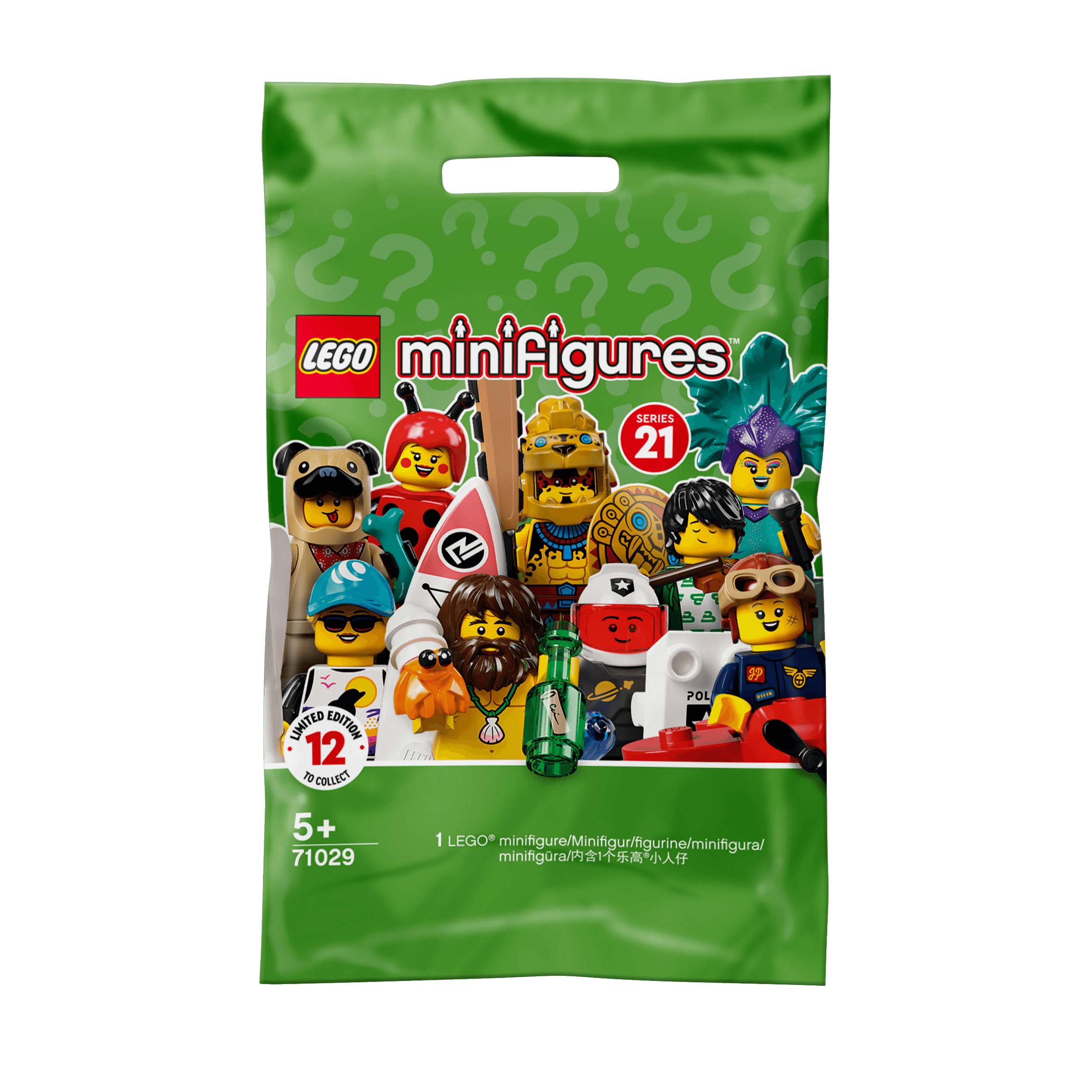 LEGO® Minifigures Series 21 Set 71029 featuring 12 unique characters and accessories in a mystery bag.