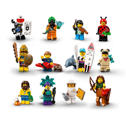 Various LEGO® Minifigures from Series 21 Set 71029, featuring unique characters and accessories.