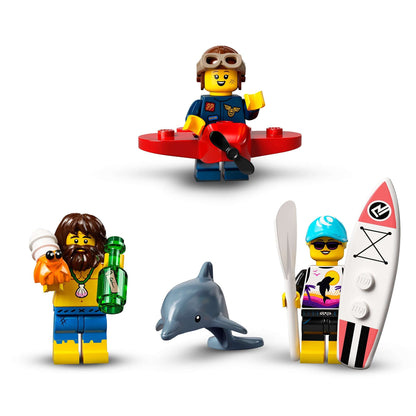 LEGO® Minifigures Series 21 Set 71029 featuring cool characters like a surfer, dolphin, and more accessories.