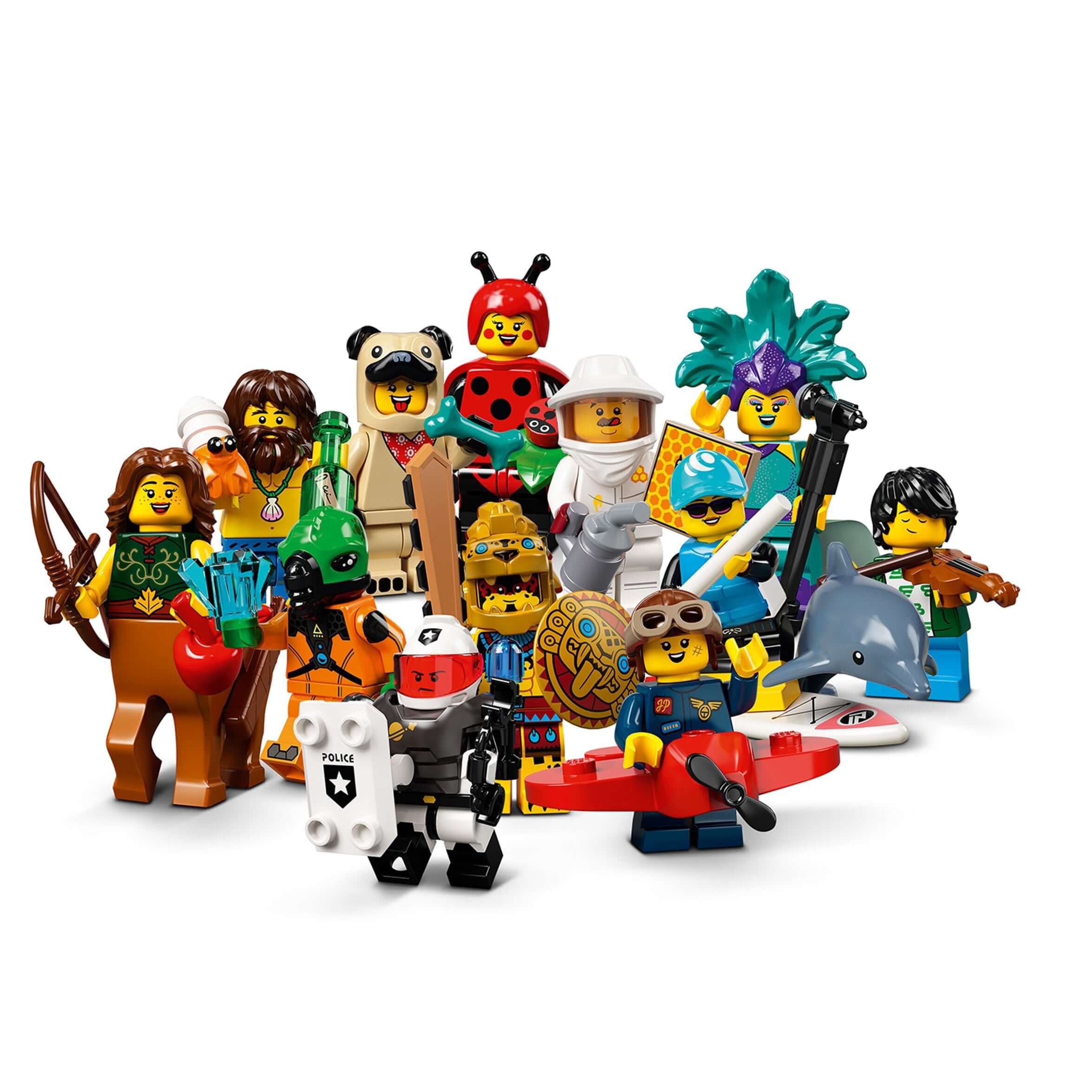 LEGO® Minifigures Series 21 Set 71029 featuring 12 diverse characters with various accessories in a colorful display.